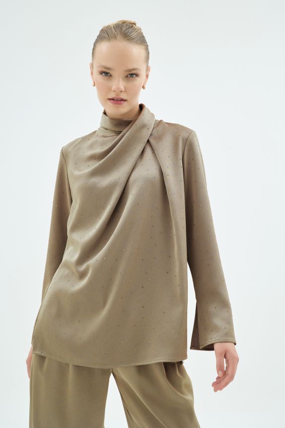 Senna - CRISTALLE TAŞLI BLUZ CAMEL