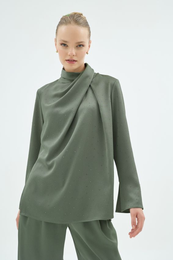 Senna - CRISTALLE TAŞLI BLUZ HAKİ