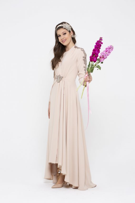 Senna - MARGUERIETE BEJ ELBİSE